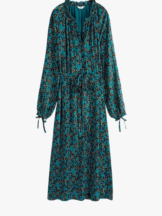 Hush Dresses & Skirts - Teal Animal-Print Long Sleeve Midi Dress with Waist Tie Sz 10